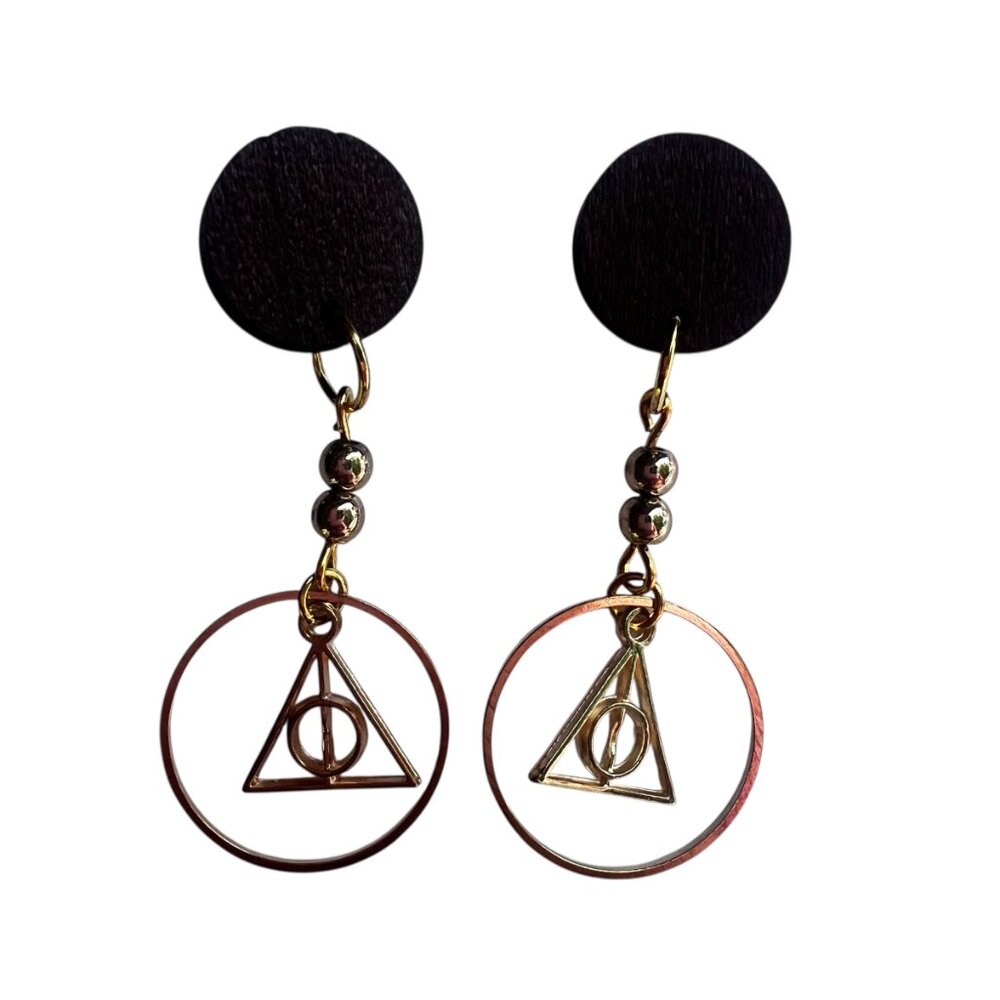 Harry Potter Deathly Hollows Gold Dangling Earrings Attached to Wood with Stud